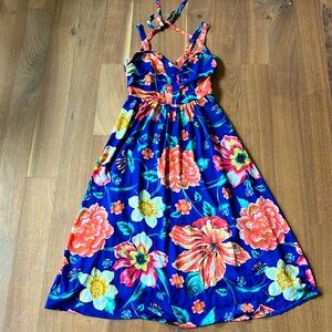 Anthropologie royal blue floral dress halter and tank style with pockets! 🌼🌺🌸